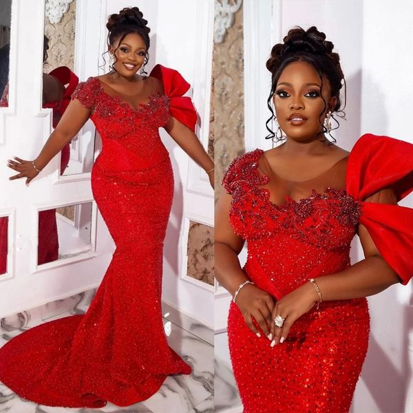 2023 Aso Ebi Red Luxuriöse rote Meerjungfrau-Abschlussballkleider aus Tüll mit Perlen für Abend, Geburtstag, Party, zweiter Empfang, afrikanisches Nigeria-Kleid für Verlobung mit schwarzem Gilr ST301