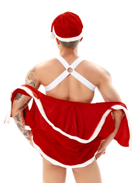 PC Weihnachten Männer Sexy Bondage Mit Kapuze Cape Seite Offen Unterwäsche Anzug Höschen Exotische Imitation Leder Slips Erwachsene Kleidung