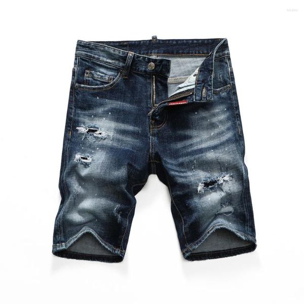 Jeans da uomo 2023 Summer Style Italy Beach Hole Marca Pantaloncini da uomo Pantaloni da uomo in denim Cerniera Slim Blu Per