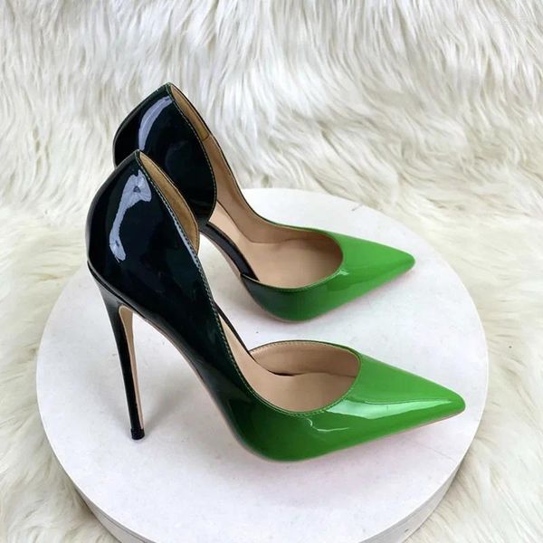 Elbise ayakkabıları siyah yeşil beyaz gradyan renkli kadınlar sivri ayak parmağı parlak stiletto pompalar seksi bayanlar 12cm yükseklikte parti 10cm