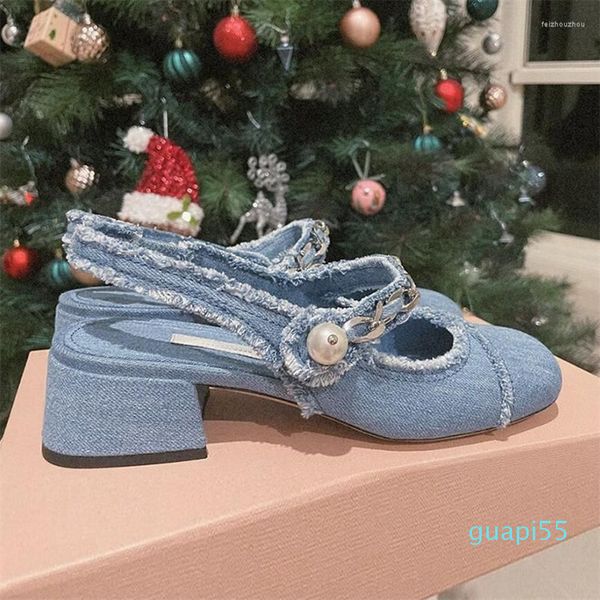 Sandálias Mulheres Verão 7cm Sapatos de Salto Alto Lady Bling Mules Slingback Bombas de Prata Feminino Denim Nupcial