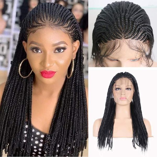 Schwarz Micro Braided Box Braids Synthetic Lace Front für Frauen leimlos halb handgebundenes Ersatz-Heizfaserhaar