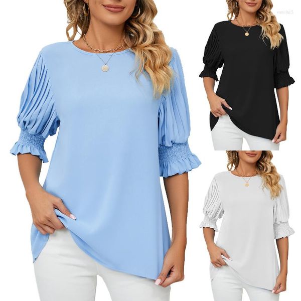 Camicette da donna Chikichi Tinta unita Girocollo Peplo Principessa Manica in chiffon Top Donna 2023 Estate Casual T-shirt allentata