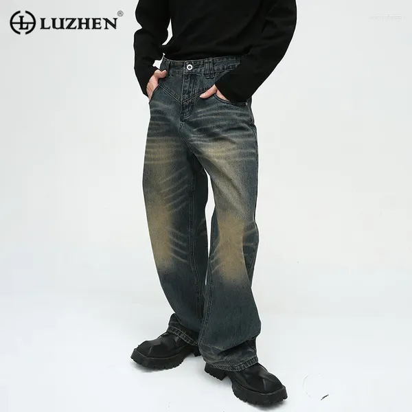 Jeans masculinos Luzhen moda elegante casual de alta qualidade design original gradiente perna larga calças jeans na moda street wear 3c0a7f