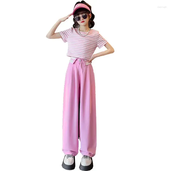 Conjuntos de roupas meninas verão moda ternos verde rosa cor crianças manga curta listrada camisetas calças superiores 2pcs adolescentes crianças