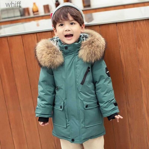 Пуховое пальто 2023, зимний пуховик для мальчиков из натурального меха енота, толстая теплая верхняя одежда для маленьких мальчиков, пальто 2-12 лет, детская парка для мальчиков-подростков, ParkaL231125