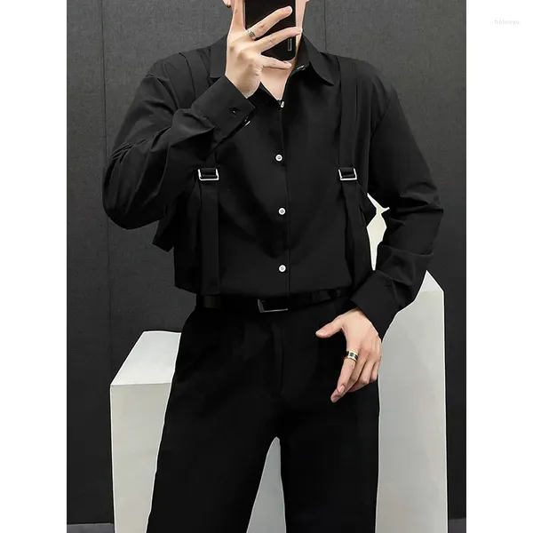 Camisas casuais masculinas XS-6XL outono high street manga comprida alças camisa de carga branca tops bonito tamanho grande blusa traje masculino