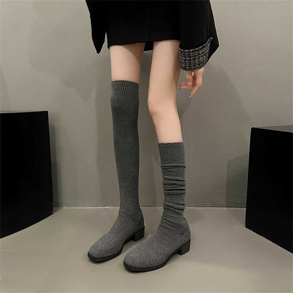 Женские сапоги до колена, осенне-зимние эластичные носки и сапоги на толстом каблуке с квадратным носком и сапоги, вязаные тонкие сапоги 231116