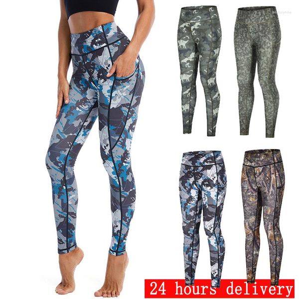 Calças ativas 2023 feminino ioga feminina de cintura alta Pocket Gym Gym Gym Outdoor Army Green Camouflage Print Suit