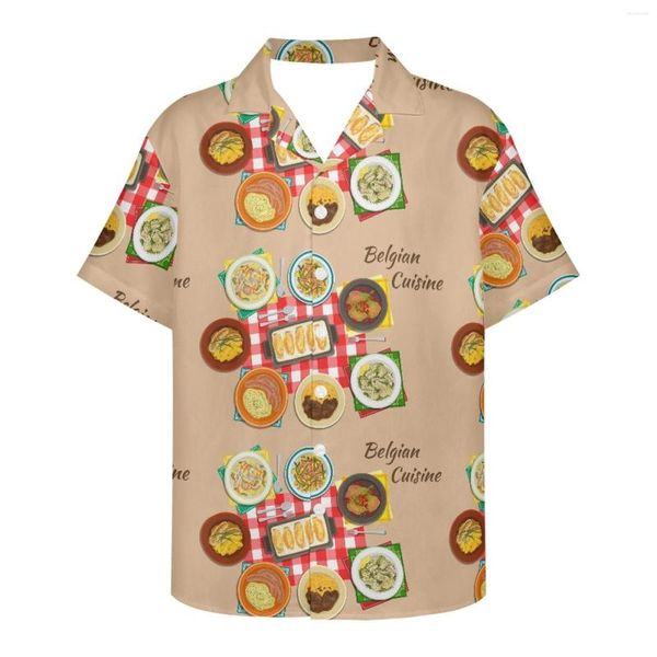 Camisas casuais masculinas Padrões alimentares de 25 países diferentes Epicure Belga Cuisine Art 3D Padrão de impressão digital Menina masculina havaiana