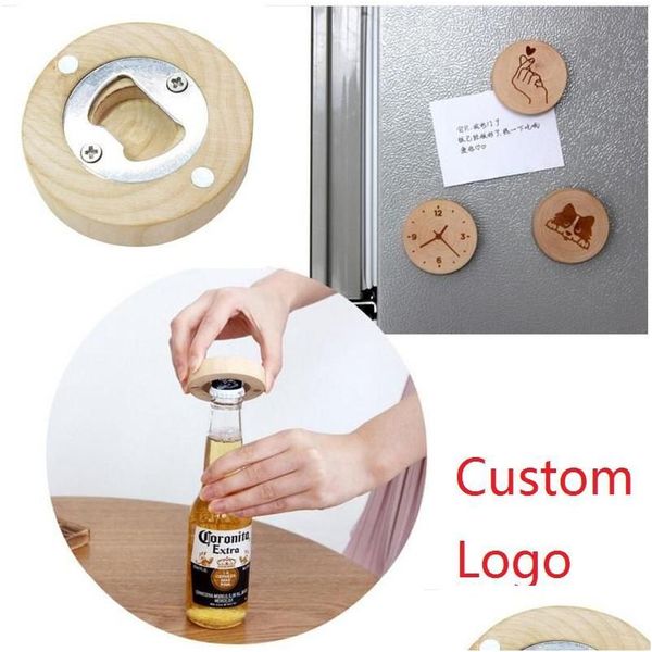 Apriscatole Nuovo design in legno a forma rotonda Apribottiglie Sottobicchiere Magnete per frigorifero Decorazione Birra Incidere Logo Lx1173 Consegna a domicilio Gar Dh7Sf