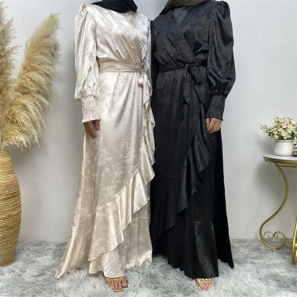 Roupas étnicas moda cetim impressão abaya mulheres muçulmano longo maxi vestido turquia festa kaftan dubai islam árabe babados jalabiya caftan vestido