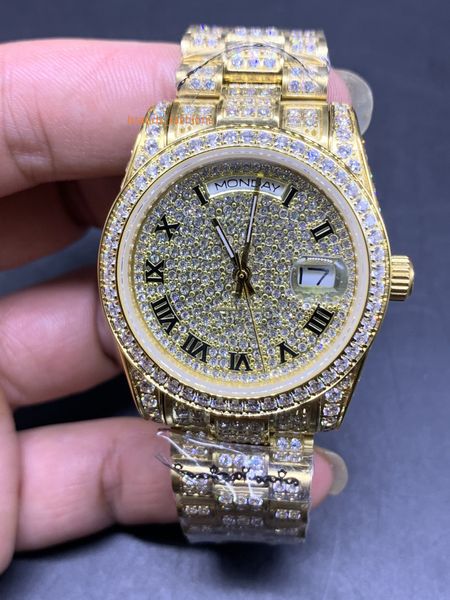 Hip-Hop Rap Style Herrenuhr Gold All Ice Out Diamond Fashion Watch Herren Automatik Mechanische Sportuhren Römische Ziffern 36MM