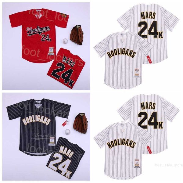 Moive Hooligans Baseball Jerseys 24K Bruno Mars Pinstripe Film Black Red White Emelcery Cool Base Cooperstown Pure Cotton Hetchable Retro College форма
