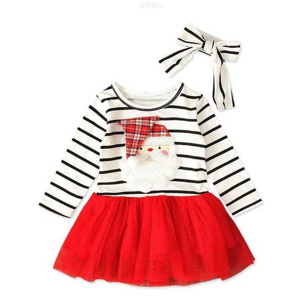 Kleidung Sets 2023 Neue Kleinkind Kinder Weihnachten Kleidung Santa Striped Print Tüll Kleid Mädchen Patchwork Knielangen Party