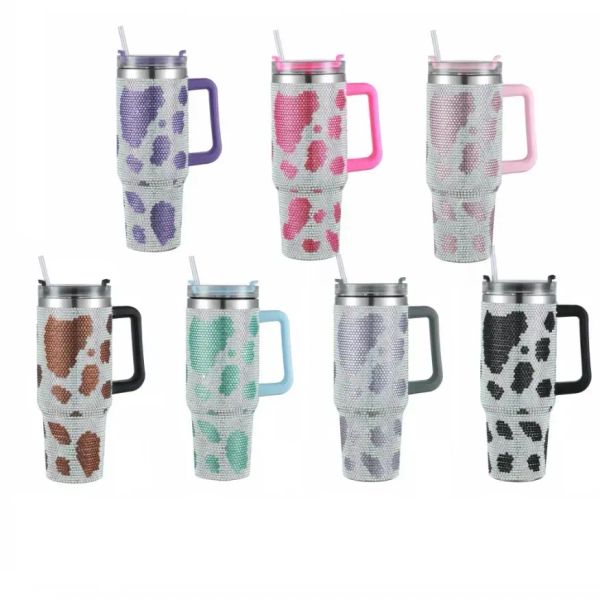 Nuove tazze da 40 once Bicchiere con stampa di mucca con strass caldo e freddo involucro completo Tazza di caffè con stampa di mucca al latte al cioccolato Bicchiere glitterato con coperchio e cannucce FY5716 ss0425