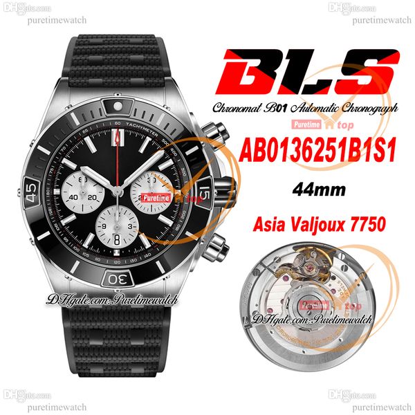 BLS Chronomat B01 ETA Valjoux A7750 Cronógrafo Automático Relógio Masculino 44 Moldura Cerâmica Preto Branco Mostrador Borracha AB0136251B1S1 Super Edição Reloj Hombre Puretime A1