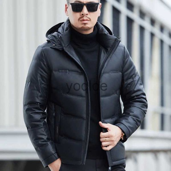 Herren Down Parkas YXL-6628 Winter Neuer Männer echtes Leder-Down-Mantel Schaffell Leder lässig Kapuze abnehmbar warm verdickte Mantel J231125