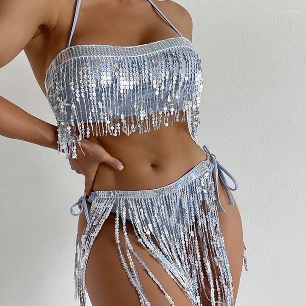 Stage Wear Nightclub Femminile Dj Disco Gogo Dance Troupe Costume Sexy Shiny Nappa Strap Bikini Set Pole Abbigliamento DN14925