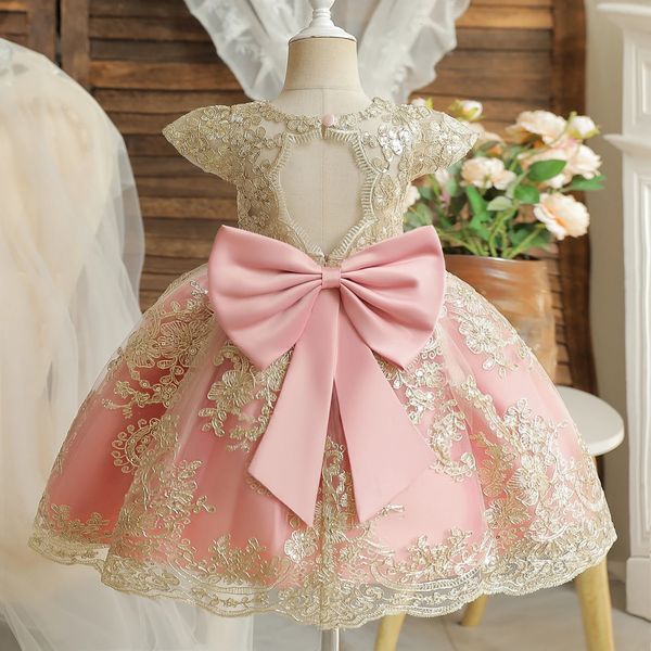 Платья для девочек на день рождения для маленьких девочек 12 месяцев, рождественская вышивка с цветочным принтом и большим бантом, свадебное платье-пачка, розовый торжественный костюм 231124