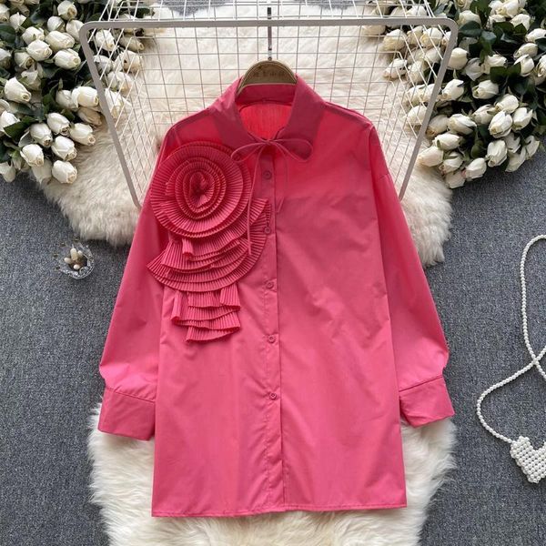 Blusas femininas senhoras camisas 2023 high street moda mulheres plissadas flor levantada camisa elegante botão superior até manga longa
