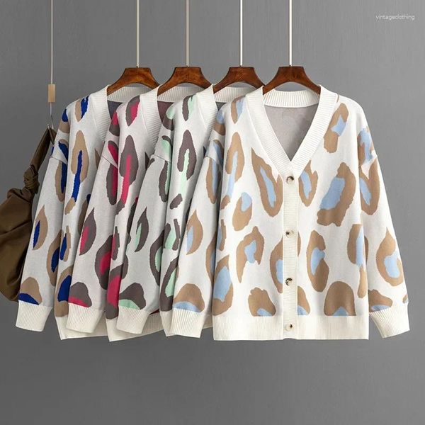 Maglieria da donna Cardigan jacquard leopardato colorato da donna Autunno Inverno Moda giacca lavorata a maglia oversize maglione allentato per cardigan cappotti