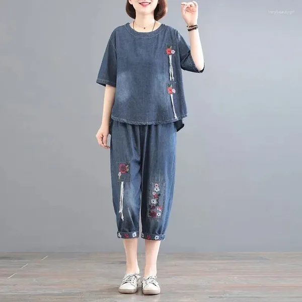 Женский комплект из двух предметов, тонкий джинсовый комплект, лето 2023, корейская версия, свободные вставки с принтом в стиле ретро, мясной и зарубежный стиль