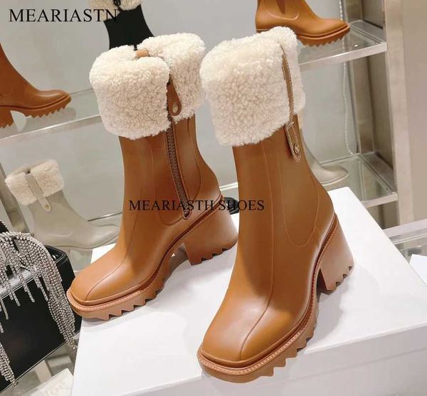 Warmer Chunky High Heel Platform Mid Calf Rain Boots Frauen Thick Bottom Side Zipper Rubber WaterproAutumn Shoes Short Ankle Boots