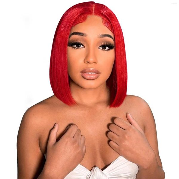 Verão curto vermelho reto bob peruca 13x4 laço transparente frontal perucas de cabelo humano 180 densidade para mulher negra