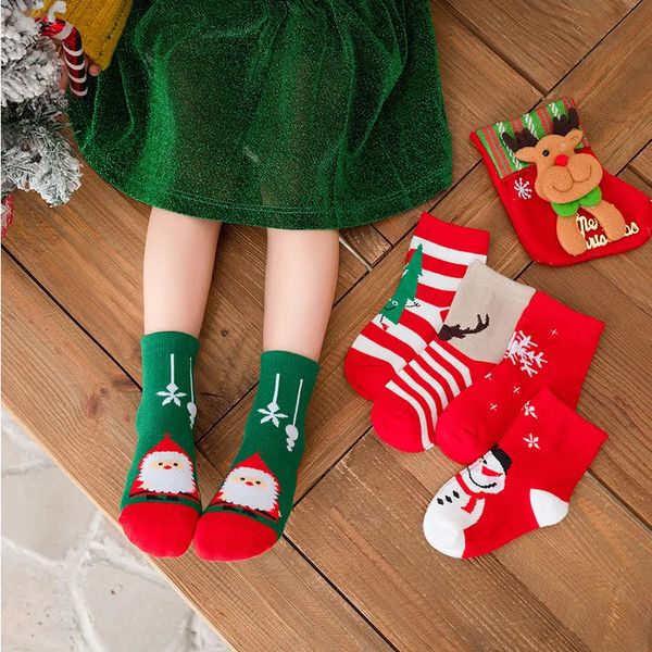 Детские носки, 5 пар, детские осенние и зимние носки с рисунком лося, рождественские носки из чесаного хлопка, красные, для мальчиков и девочек, 231124
