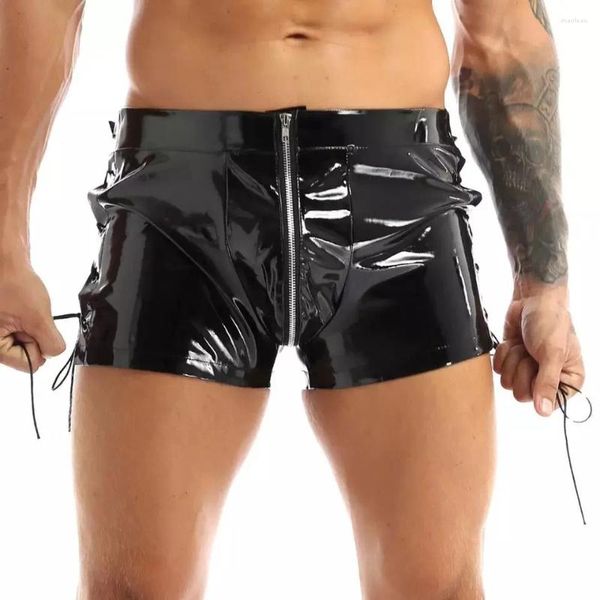 Shorts masculinos homens brilhantes pvc couro sexy lado laço-up zíper calças curtas fetiche boate festa palco bandagem látex molhado olhar