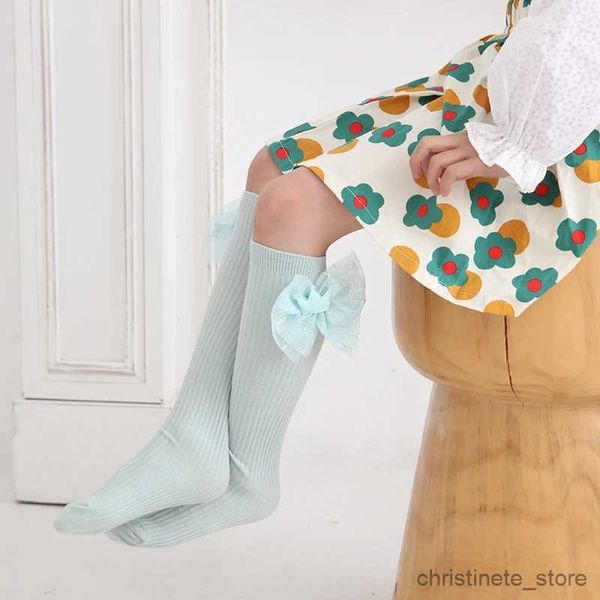 Kindersocken Prinzessin Mädchen Frühling Herbstmode Große Spitzenschleife über scharfen hohen Socken Streifen Baby Kinder Kind Wade in Röhre Säuglingssocken