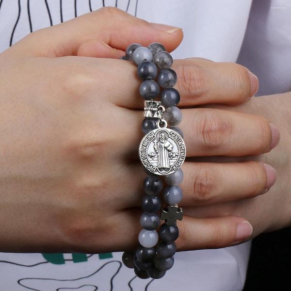 Strang Diyalo Schwarz Grau Perlen Elastische Schnur Kette Armbänder Katholischer Exorzismus St. Benedikt Kreuz Anhänger Armband Damen Herren Schmuck