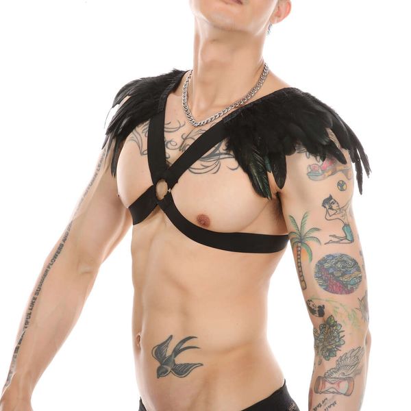 Imbracatura da uomo con piume Punk gotico Bondage Halter Lingerie esotica Gabbia Cintura sexy Costumi di Halloween Ali