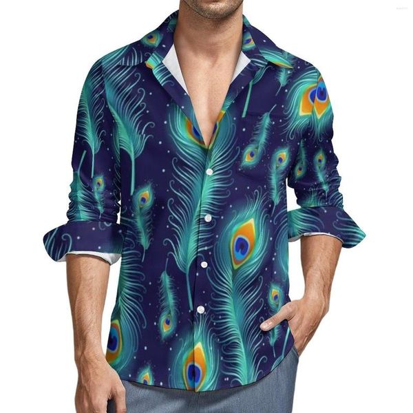 Camisas casuais masculinas Design de animais Mens pavão penas de pássaro camisa de manga longa Blusses estéticos vintage Tops personalizados de outono