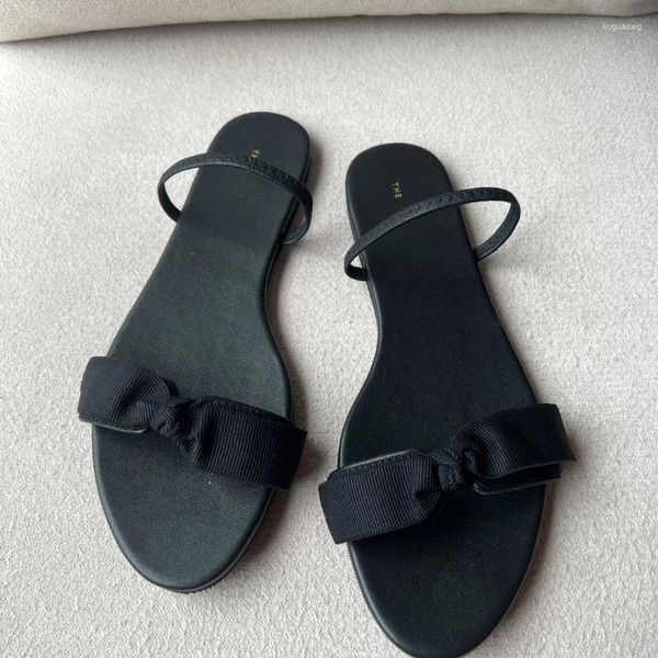 Sandálias Seda Retro Bow Design Flat Mulheres Open Toe Slingback Pure Black Elegante Luxo Verão Mulher Sapatos 2023