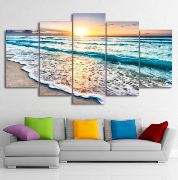 Imagens de arte de parede HD impressões em tela 5 peças Ondas na praia ao pôr do sol Pinturas Seascape Pôsteres Sala de estar Decoração de casa unframework2781539