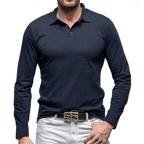 T-shirt da uomo Smart Casual Camicia da uomo Colletto rovesciato Maglietta a maniche lunghe Uomo Primavera Autunno Uomo di alta qualità Top Tees 95% cotone 5%