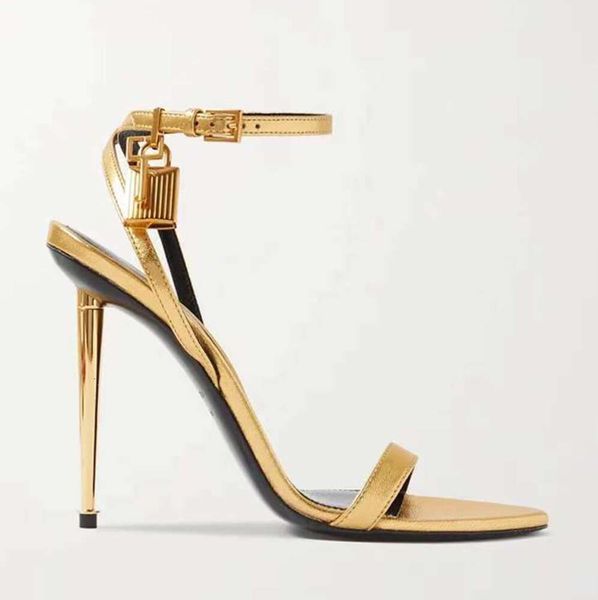 Sandali a spillo lucchetto in metallo Fascia stretta con tacco alto 10,5 cm Pelle da donna Scarpe di design di lusso Scatola originale Trasporto Scarpe di alta qualità