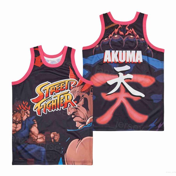 Film Akuma Street Fighter Videospieltrikots Film Basketball Retro Pullover Atmungsaktiv High School College HipHop Reine Baumwolle Sport Team Schwarze Stickerei Gut