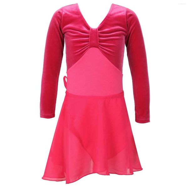 Abbigliamento da palco Cute Kids Girls Costume da ballo Abiti da danza classica Set Body in velluto a maniche lunghe con chiusura a bottoni sul davanti con gonna