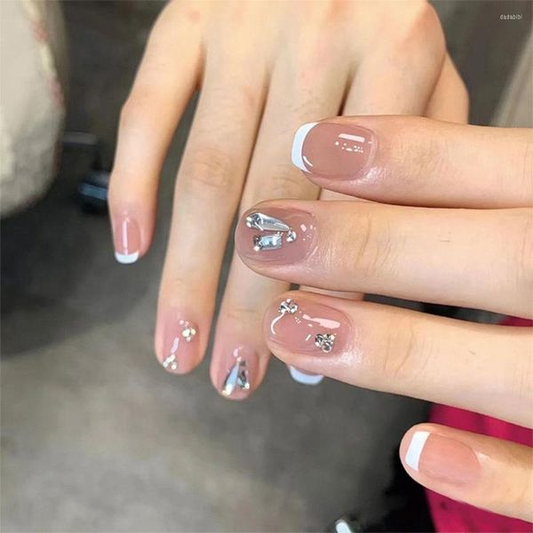 Falsche Nägel Strass French Nail Tips Full Cover mit Designs Diamond Wearable Fake Press On Short Square