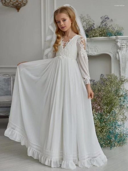 Vestidos de menina boho flor branco a linha apliques renda manga longa para casamento aniversário festa à noite primeira comunhão vestidos