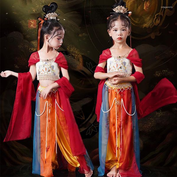 Bühnenkleidung Ankunft National Chinese Folk Dancewear Kinder Orientalische Hanfu-Trommel Performance Kleidung Mädchen Pipa Tibetan Dancing Outfit