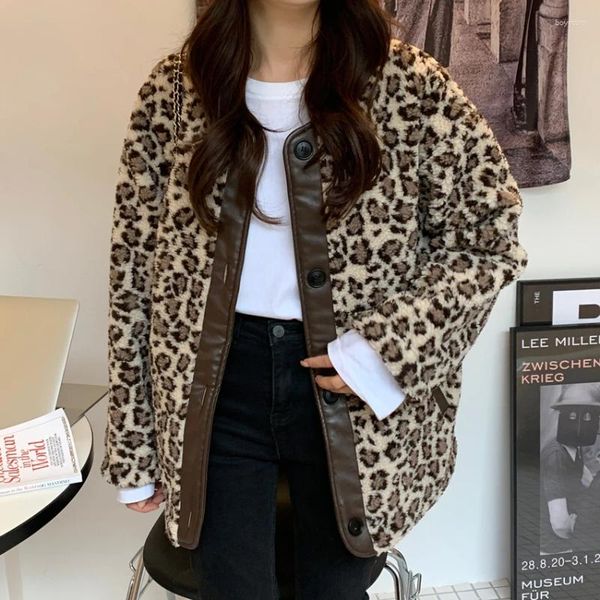 Feminino para baixo hzirip falso casaco de pele de cordeiro costura couro do plutônio leopardo ol elegante vintage grosso quente 2023 solto jaqueta de inverno feminino parkas