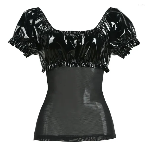 T-shirt da donna S-XXL PVC nero in lattice Sexy punk gotico esotico ecopelle maglia patchwork maniche corte Top Club Party Costume