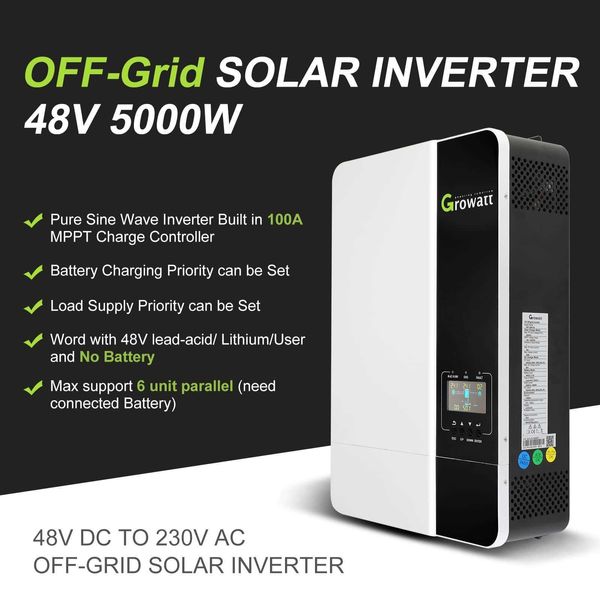 Growatt 5KW Hybrid-Solar-Wechselrichter 48V 230V MPPT 100A Reiner Sinus-Wechselrichter kann ohne Batterieunterstützung Wifi arbeiten Neu