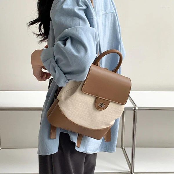 Okul çantaları marka tasarımcısı pu ve tuval patchwork kadın sırt çantası gündelik kilit çanta seyahat