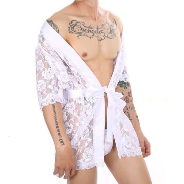 Heren sexy korte doorzichtige porno kanten badjas transparant seks erotische bdsm pamas string hot suit homewear kleding