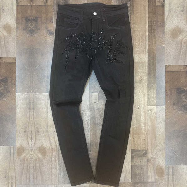 Erkekler Kot erkek kırık delik siyah sıcak matkap kalem kalem kot erkek sokak punk denim pantolon klasik kovboylar sıska genç erkek bisikletçisi pantolon j230420